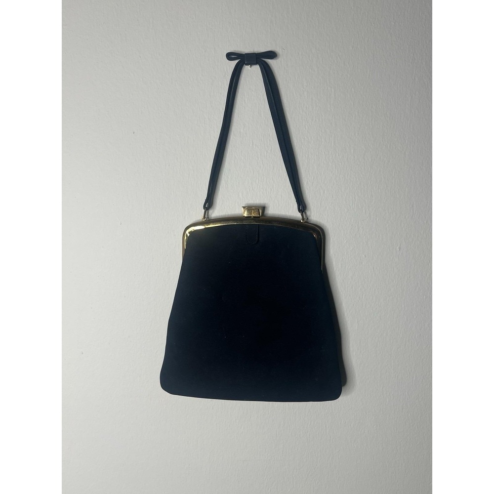 Vintage Mayer New York Handbag Purse Navy Suede Gold Trim Bow Handle
